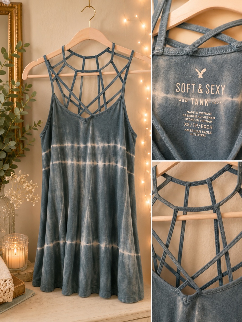American Eagle Outfitters Blue Tie-Dye Strappy Soft & Sexy Tank Top